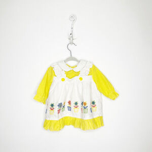 VTG Pinafore YELLOW APRON DRESS long sleeve embroidered infant girls 18 Month